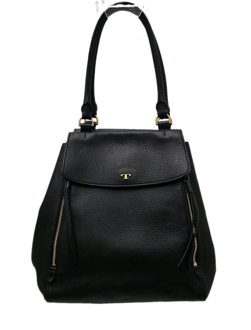 TORY BURCH Half-Moon Leather Satchel Tote Purse Handbag Black Leather